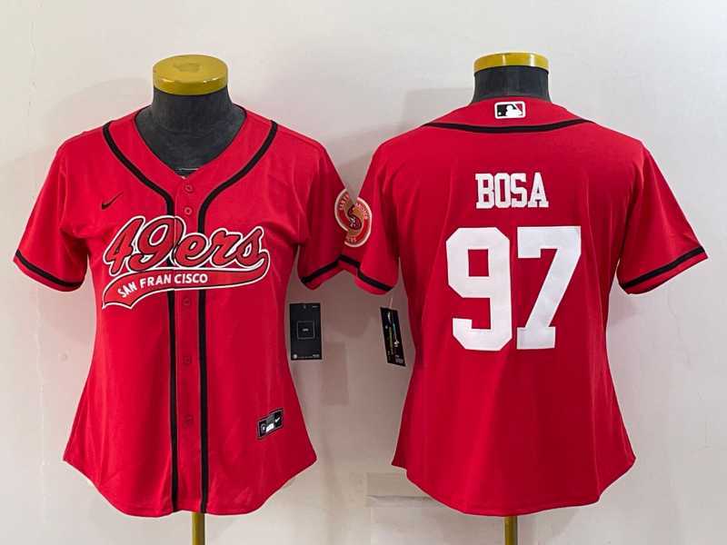 Womens San Francisco 49ers #97 Nick Bosa Red With Patch Cool Base Stitched Baseball Jersey
